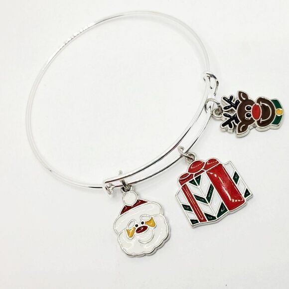 Christmas Santa, Present, and Reindeer Charm Bracelet, Silver Adjustable Jewelry - Picture 10 of 12
